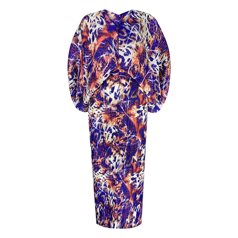 Abstract Tie Dye Printed V Neck Exaggerated Dolman Sleeves Pleated Maxi Dress