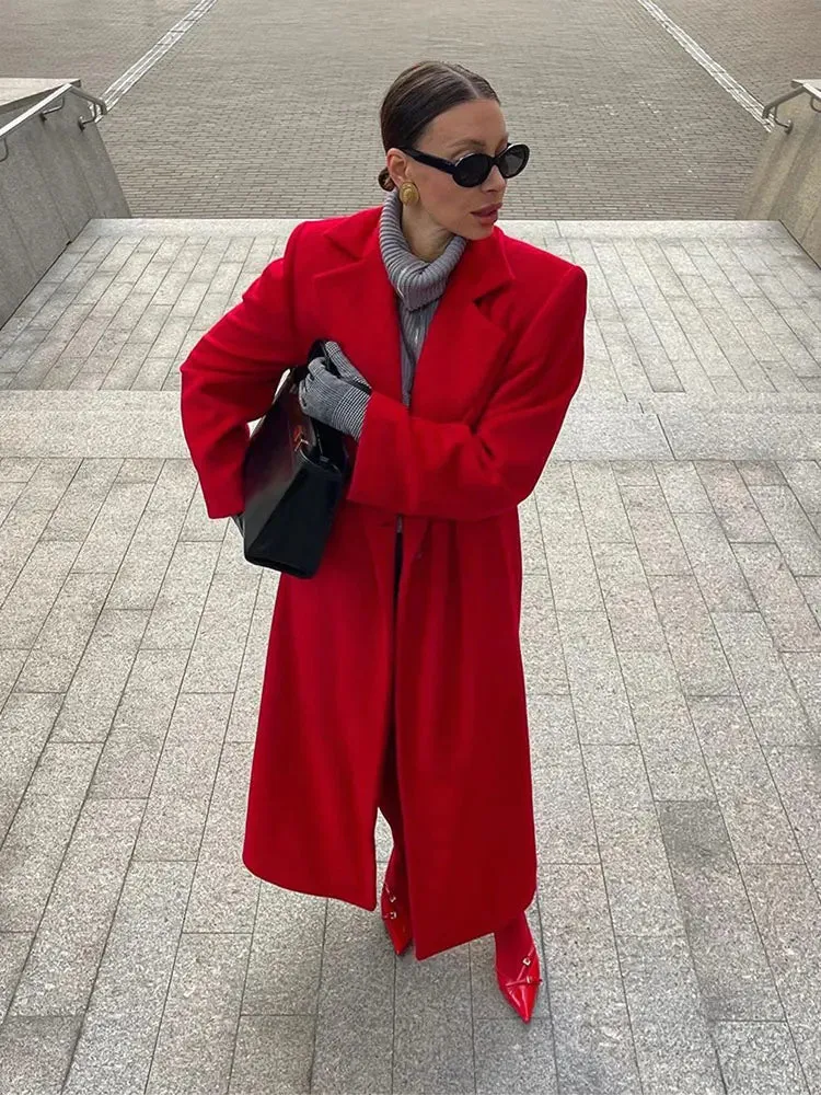 Back To School Sonicelife Fashion Red Turn Down Collar Long Overcoats Elegant Lady Solid Long Sleeves With Pocket Coats 2024 Autumn Winter High Streetwear