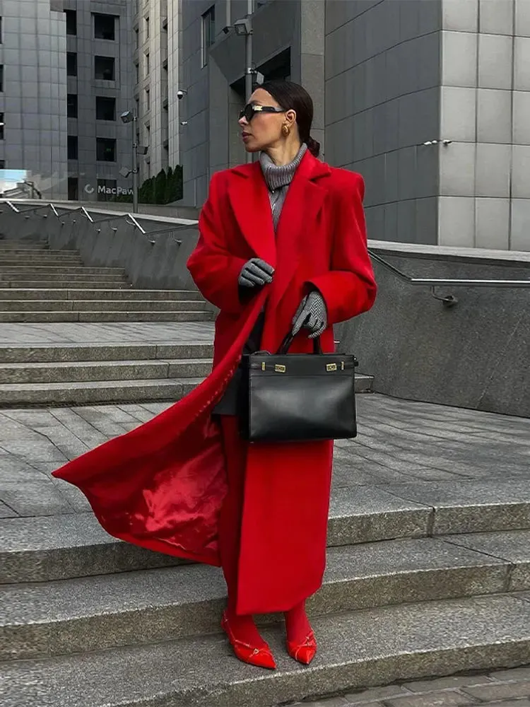 Back To School Sonicelife Fashion Red Turn Down Collar Long Overcoats Elegant Lady Solid Long Sleeves With Pocket Coats 2024 Autumn Winter High Streetwear