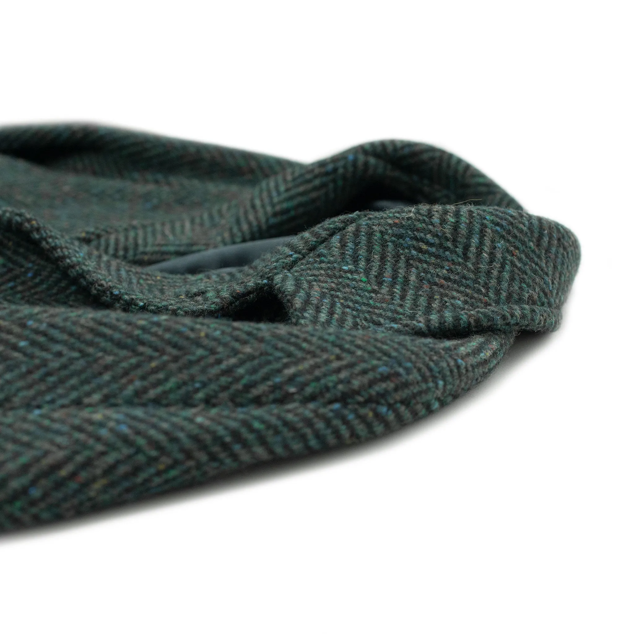 Belted balmacaan coat in handloomed Donegal blue-green herringbone tweed