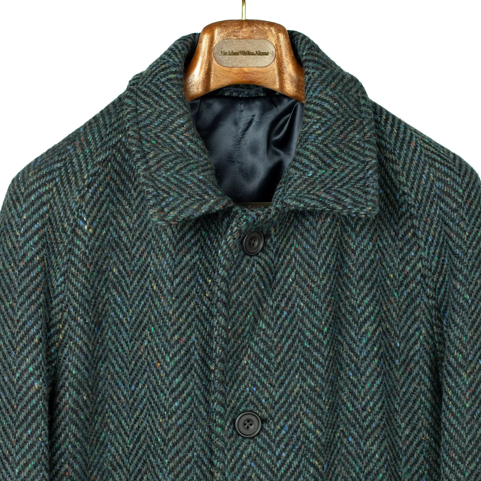 Belted balmacaan coat in handloomed Donegal blue-green herringbone tweed