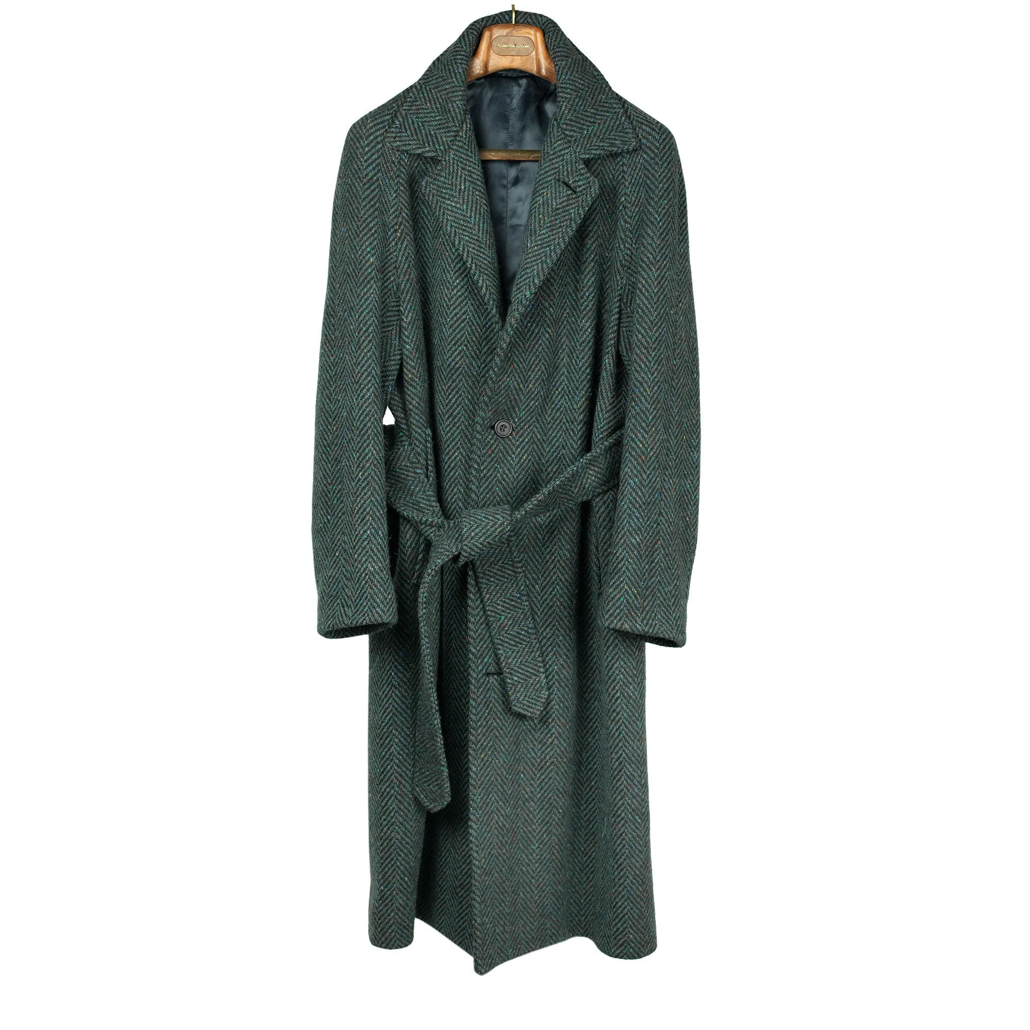 Belted balmacaan coat in handloomed Donegal blue-green herringbone tweed