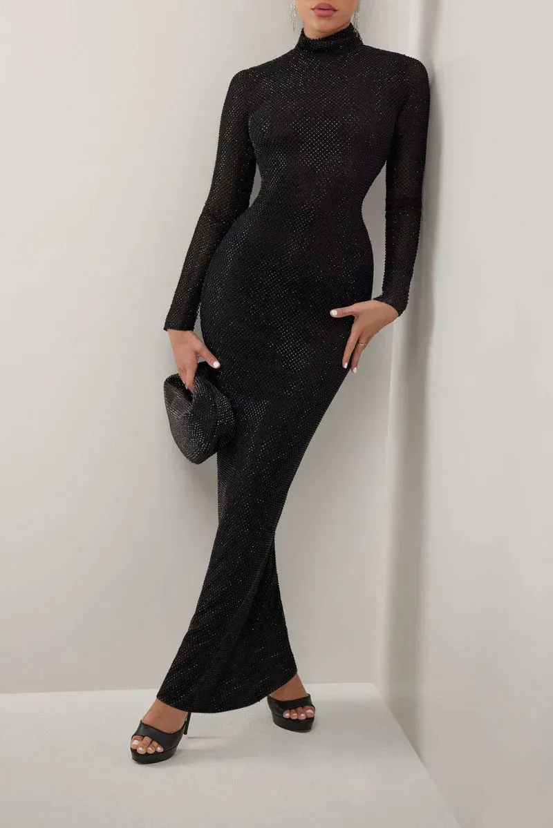 BLACK CRYSTAL EMBELLISHED MESH Graceful TURTLENECK LINED MAXI DRESS