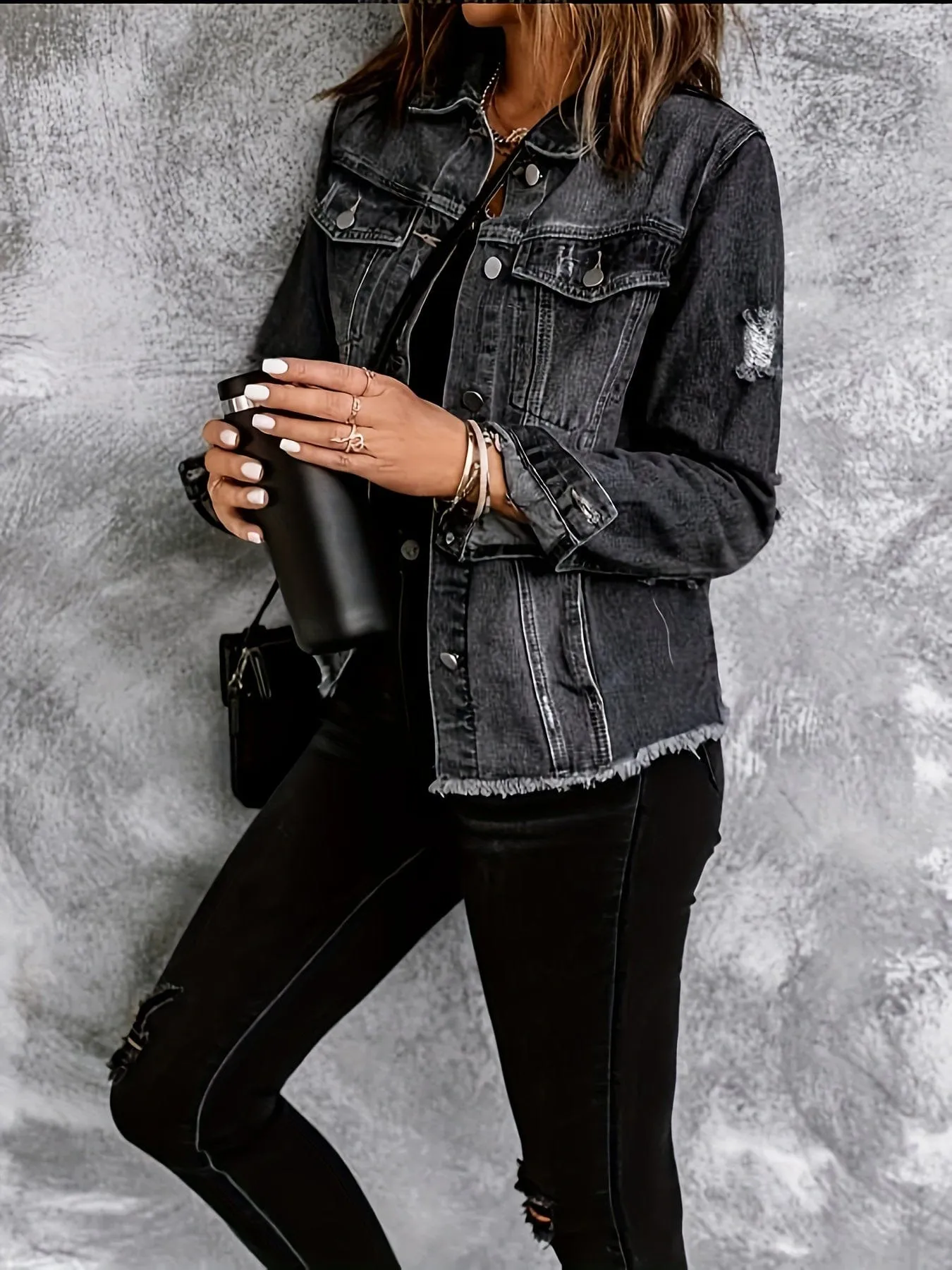 Black Denim Jacket with Distressed Detail