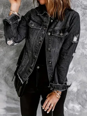 Black Denim Jacket with Distressed Detail