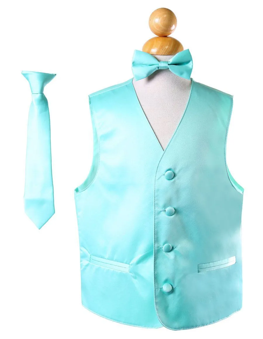 Boys Aqua Satin Vest with Neck Tie and Bow Tie