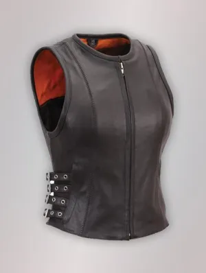 Buckled Zip Front Leather Vest By TJS