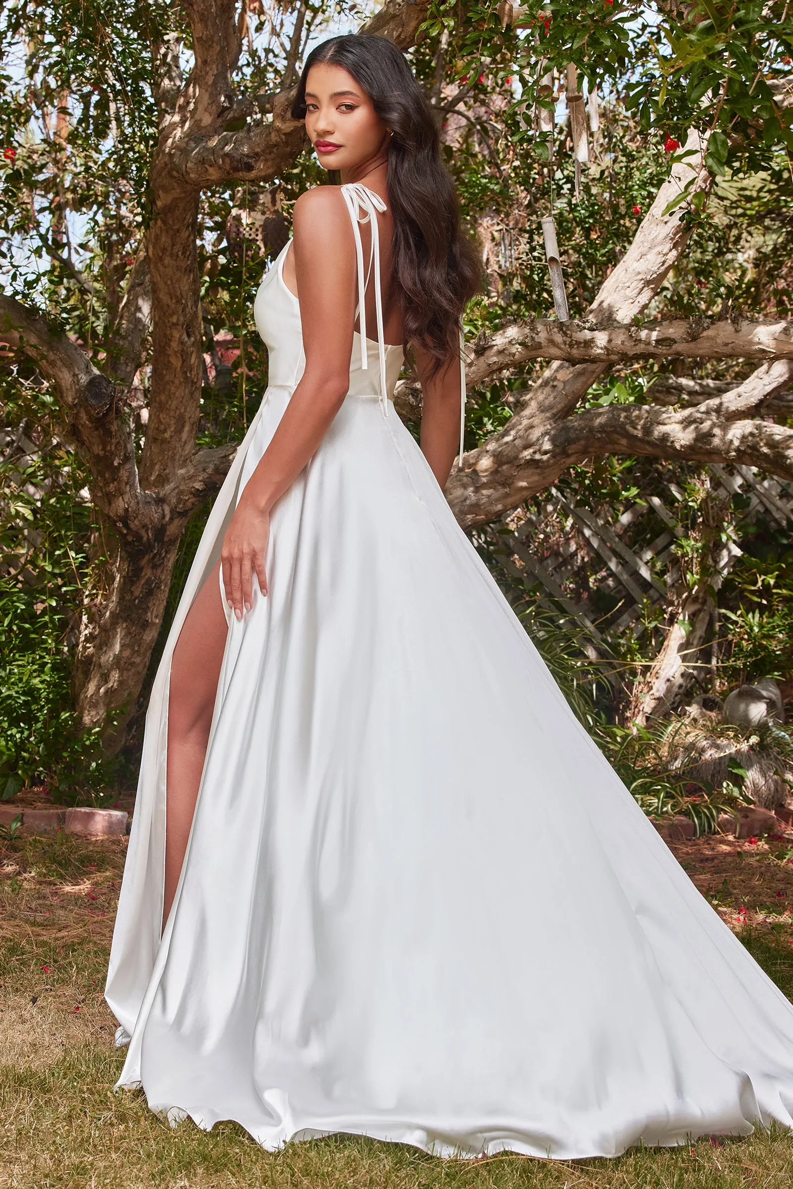 CINDERELLA DIVINE BD104W White Satin A-Line with Slit Dress