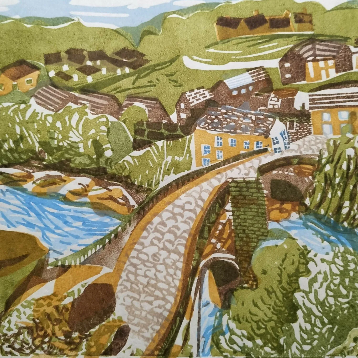 County Bridge Over The Tees - Linocut Print