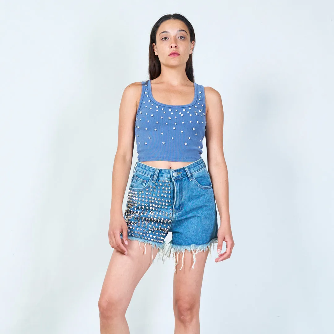 Distressed denim shorts with studded detail wholesale