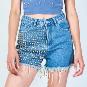 Distressed denim shorts with studded detail wholesale