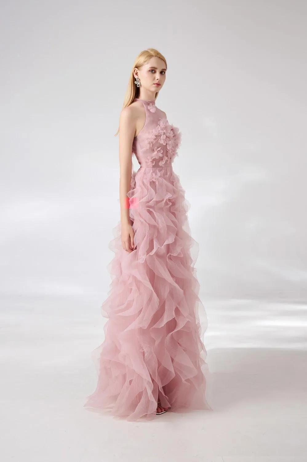 Esteban A-line Flower Applique Organza Floor Length Dress