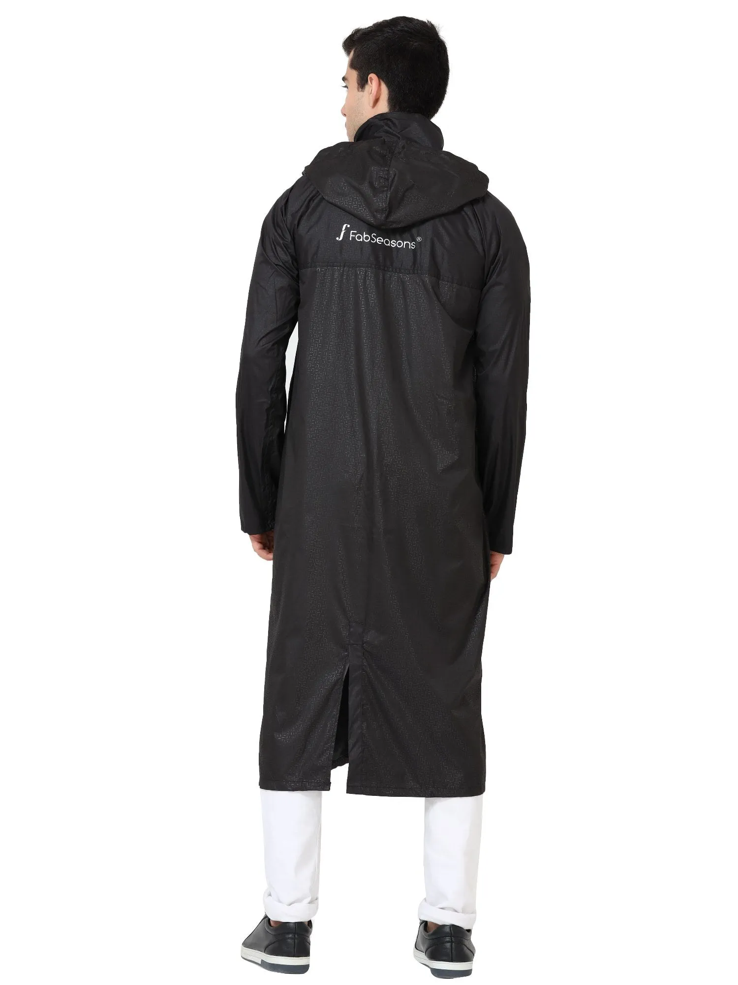 FabSeasons Black printed waterproof Long / Full raincoat with adjustable Hood for men & women.