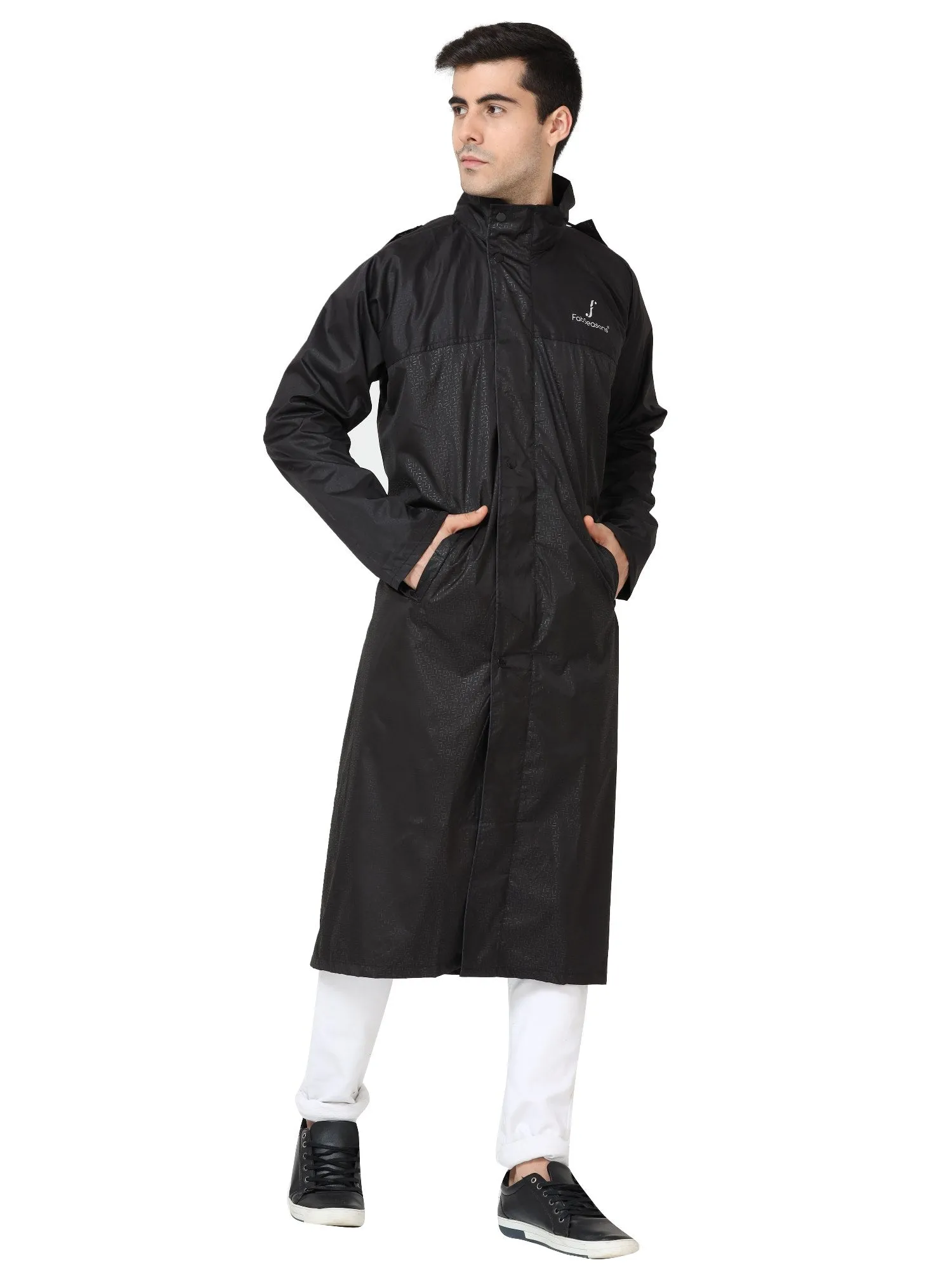 FabSeasons Black printed waterproof Long / Full raincoat with adjustable Hood for men & women.