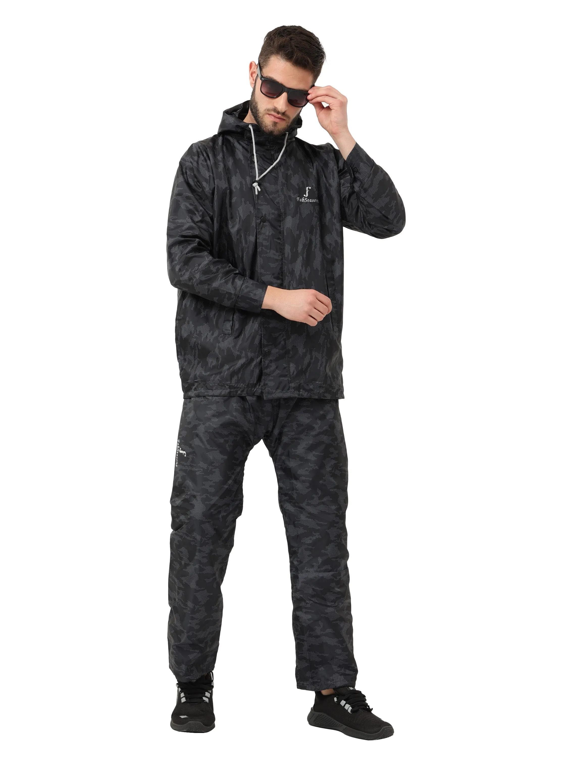 FabSeasons Printed Double Layered Waterproof Unisex Raincoat set of pant & top- Camo Black