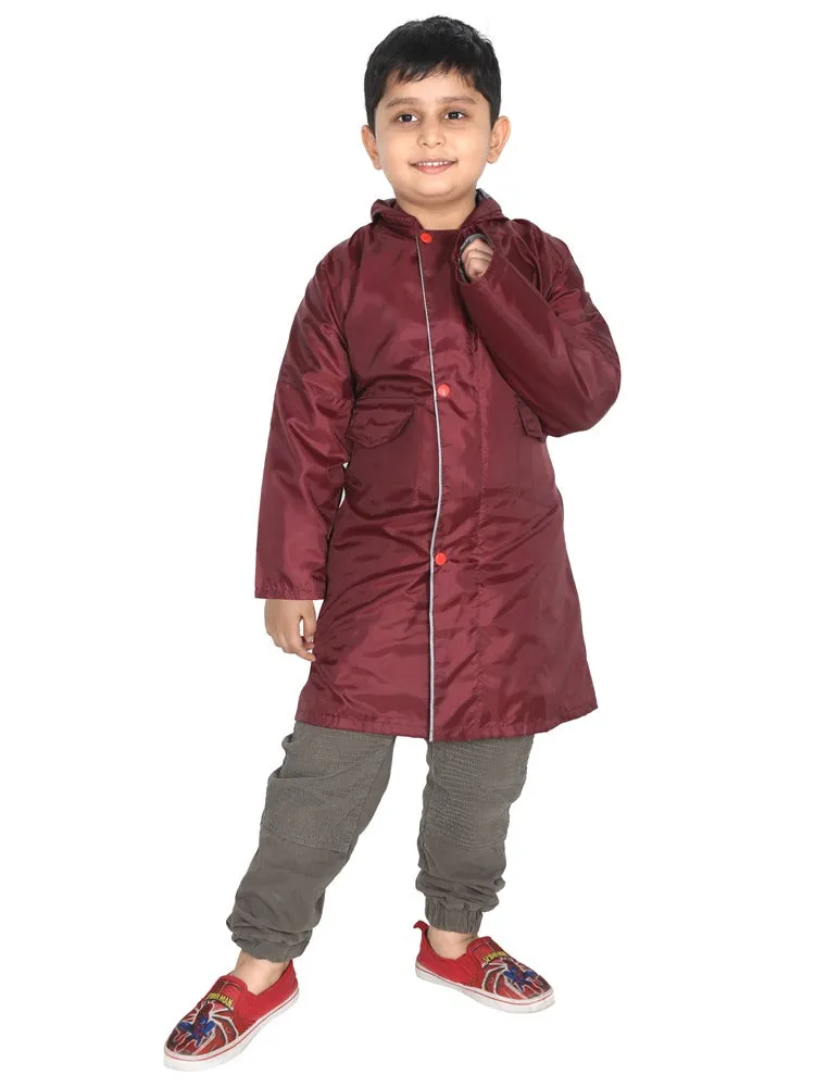 Fabseasons Unisex Maroon Waterproof Long - Full  raincoat for Kids with hood