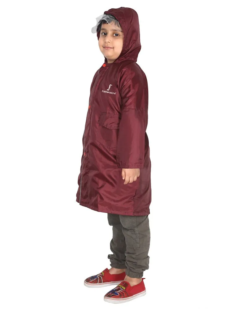 Fabseasons Unisex Maroon Waterproof Long - Full  raincoat for Kids with hood