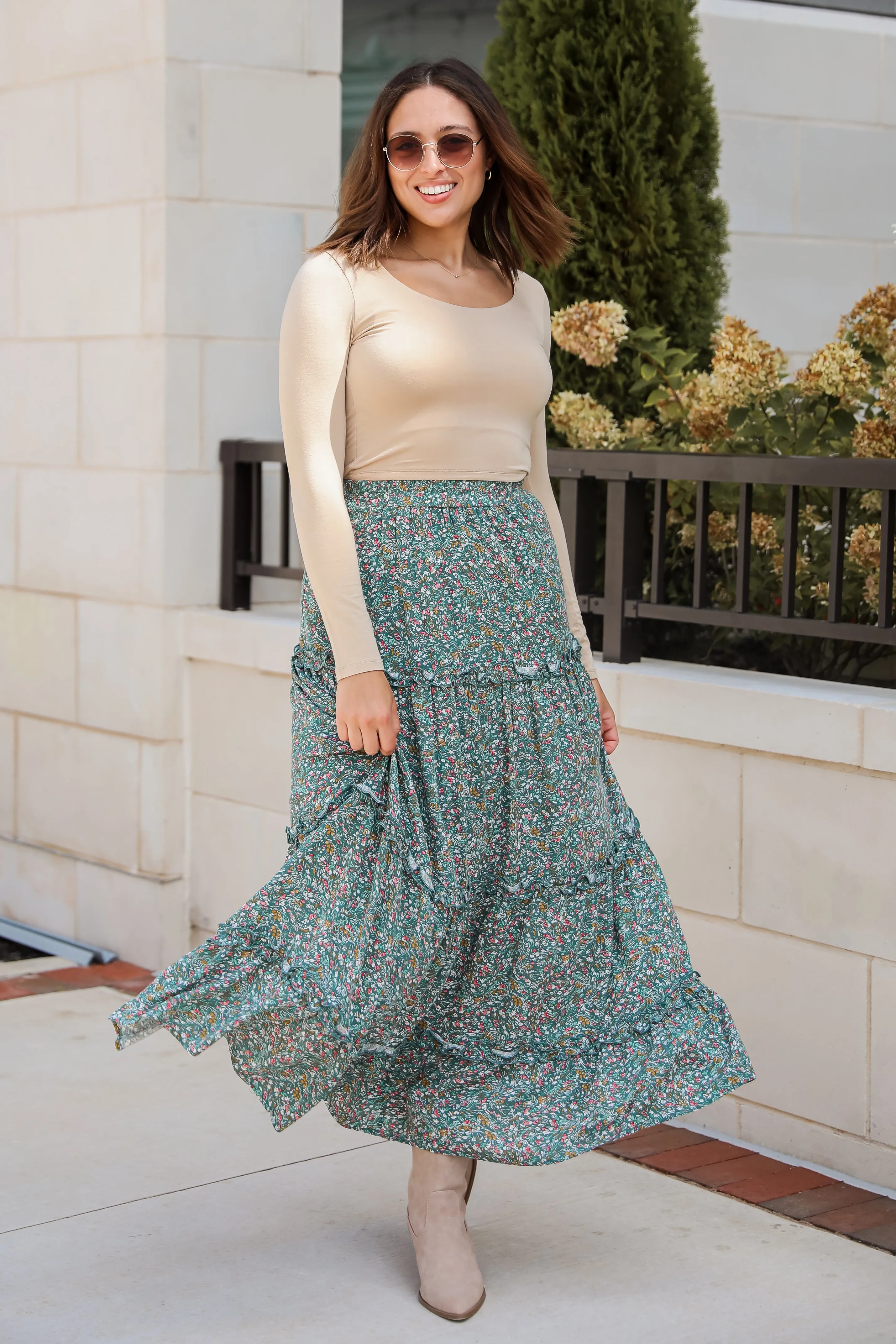 FINAL SALE - Feeling So Sweet Teal Floral Tiered Maxi Skirt