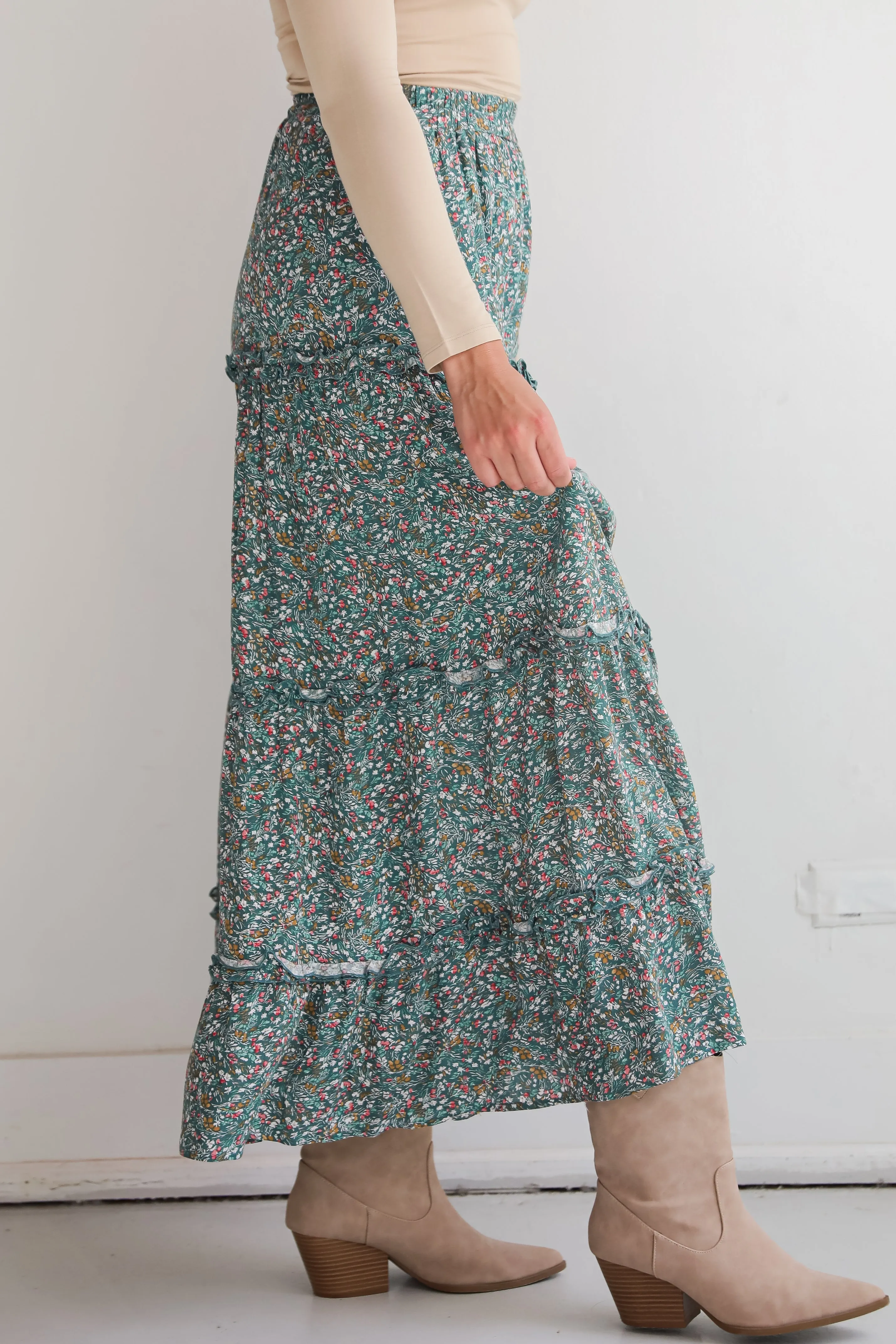 FINAL SALE - Feeling So Sweet Teal Floral Tiered Maxi Skirt