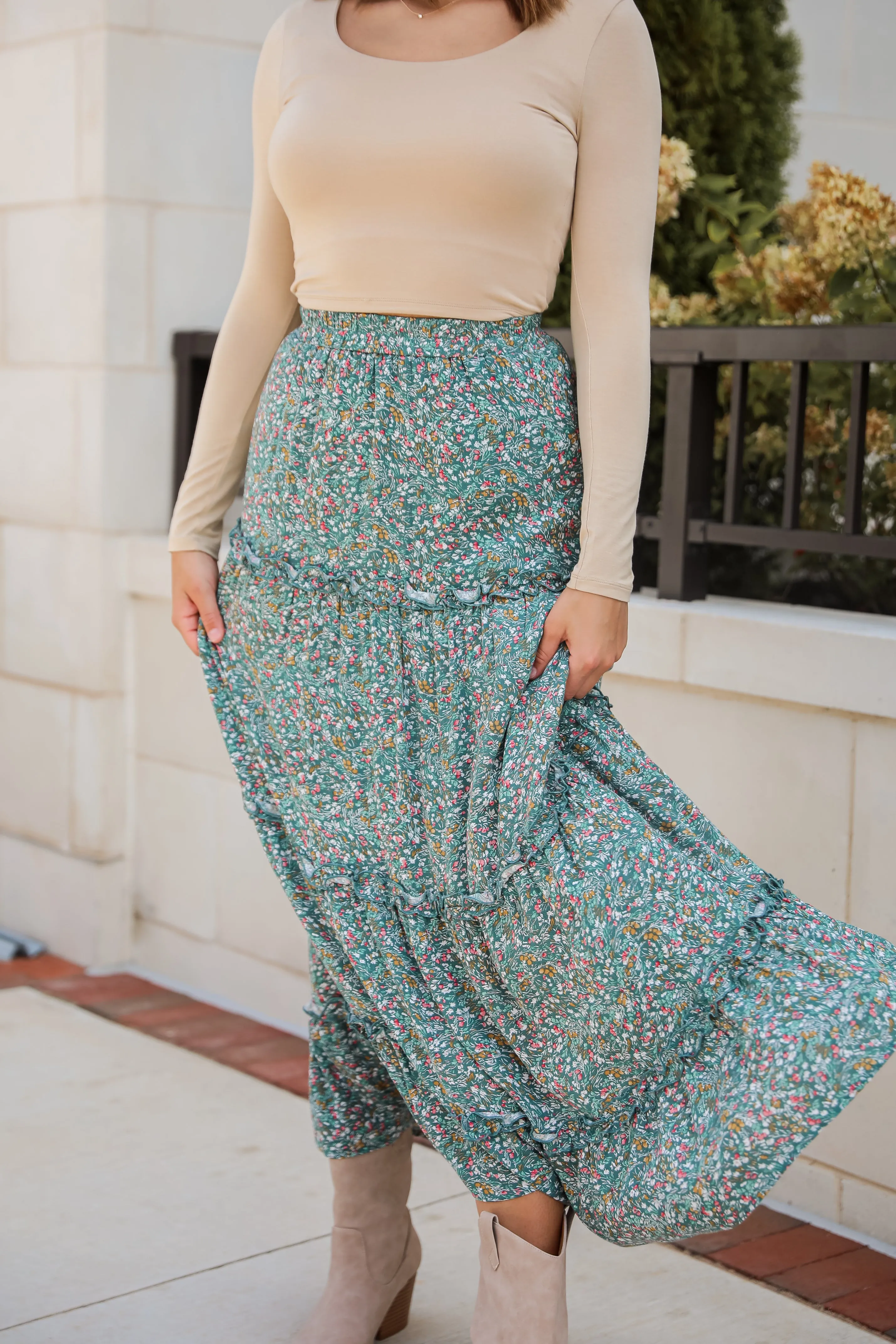 FINAL SALE - Feeling So Sweet Teal Floral Tiered Maxi Skirt