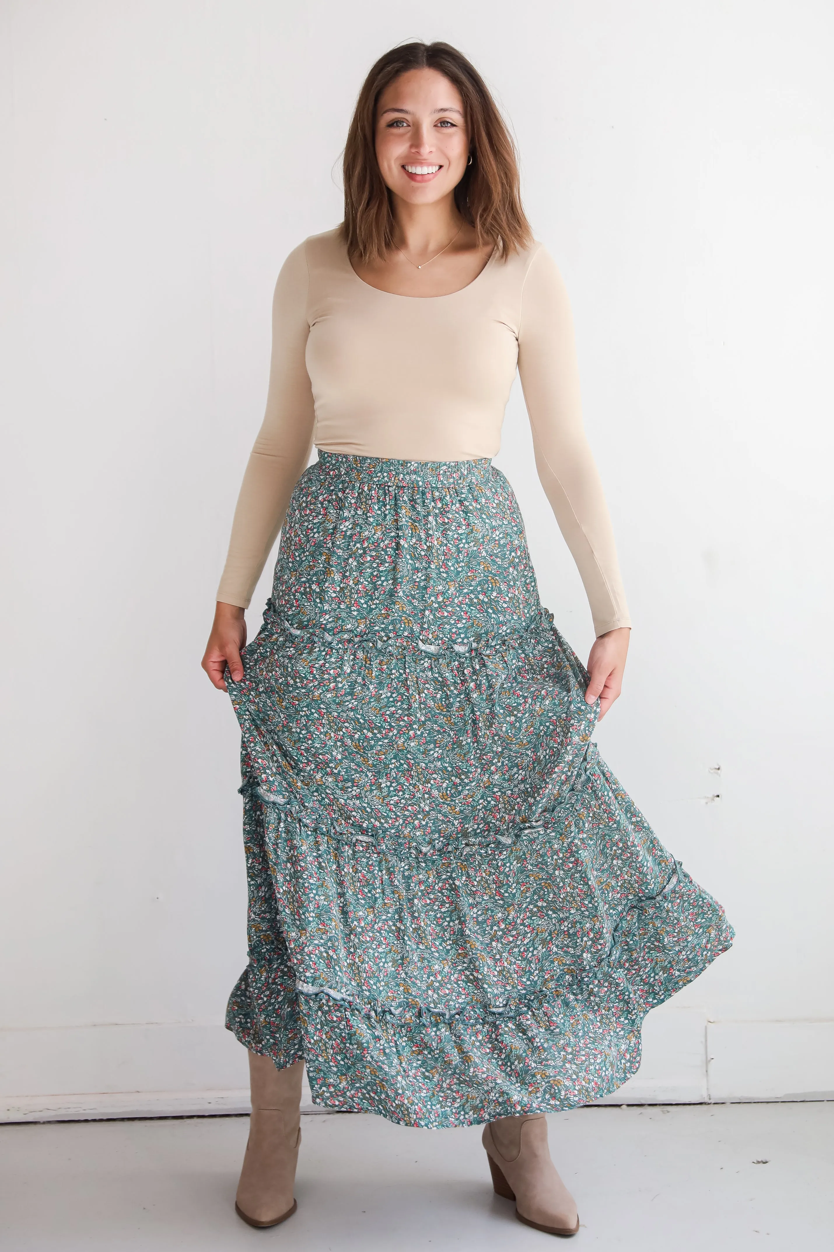 FINAL SALE - Feeling So Sweet Teal Floral Tiered Maxi Skirt