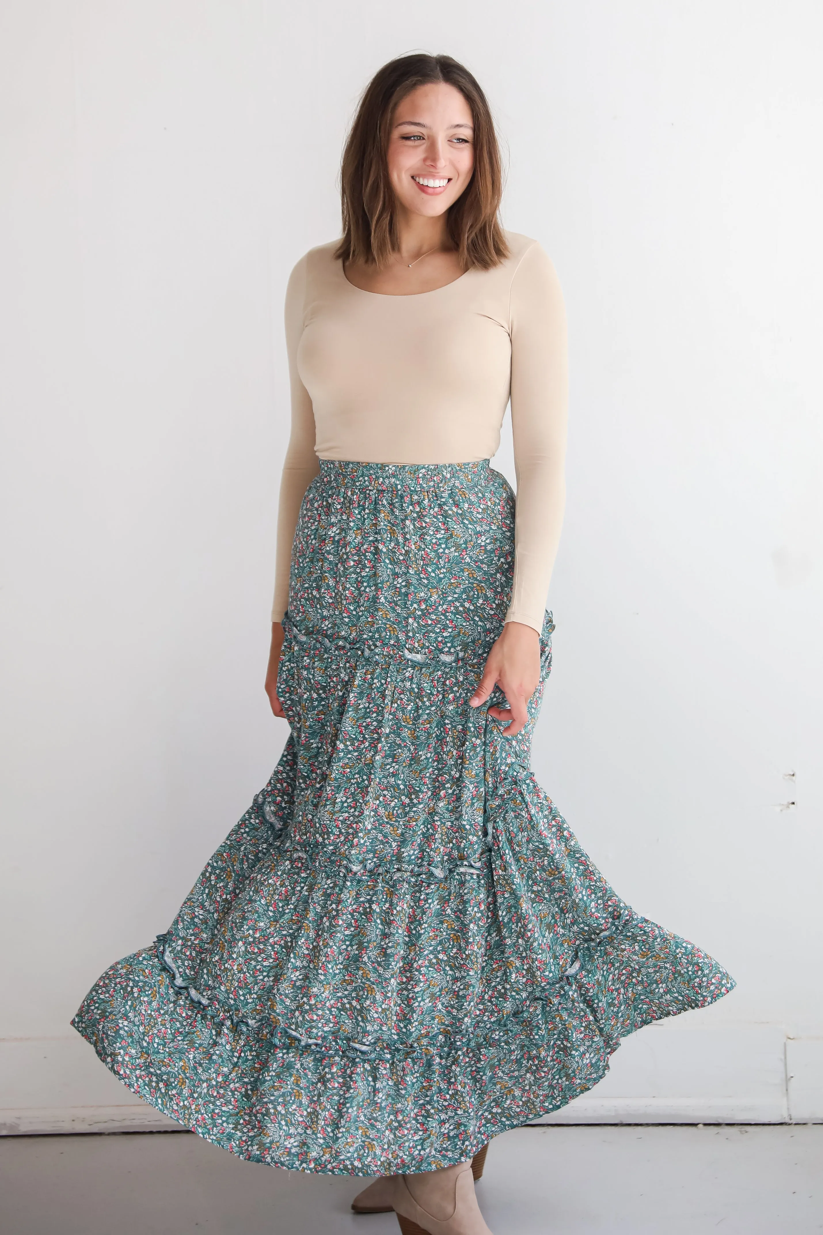 FINAL SALE - Feeling So Sweet Teal Floral Tiered Maxi Skirt