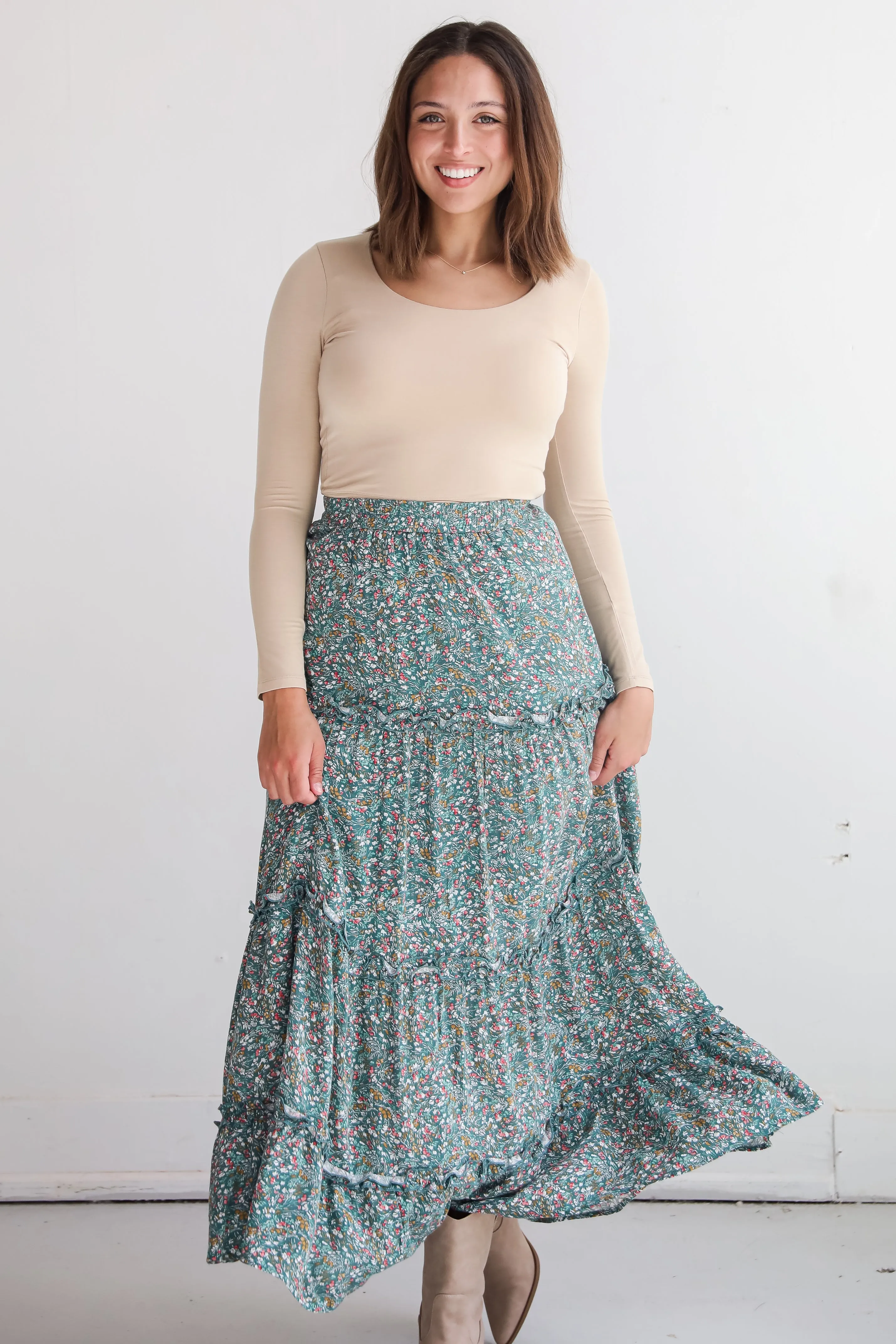 FINAL SALE - Feeling So Sweet Teal Floral Tiered Maxi Skirt