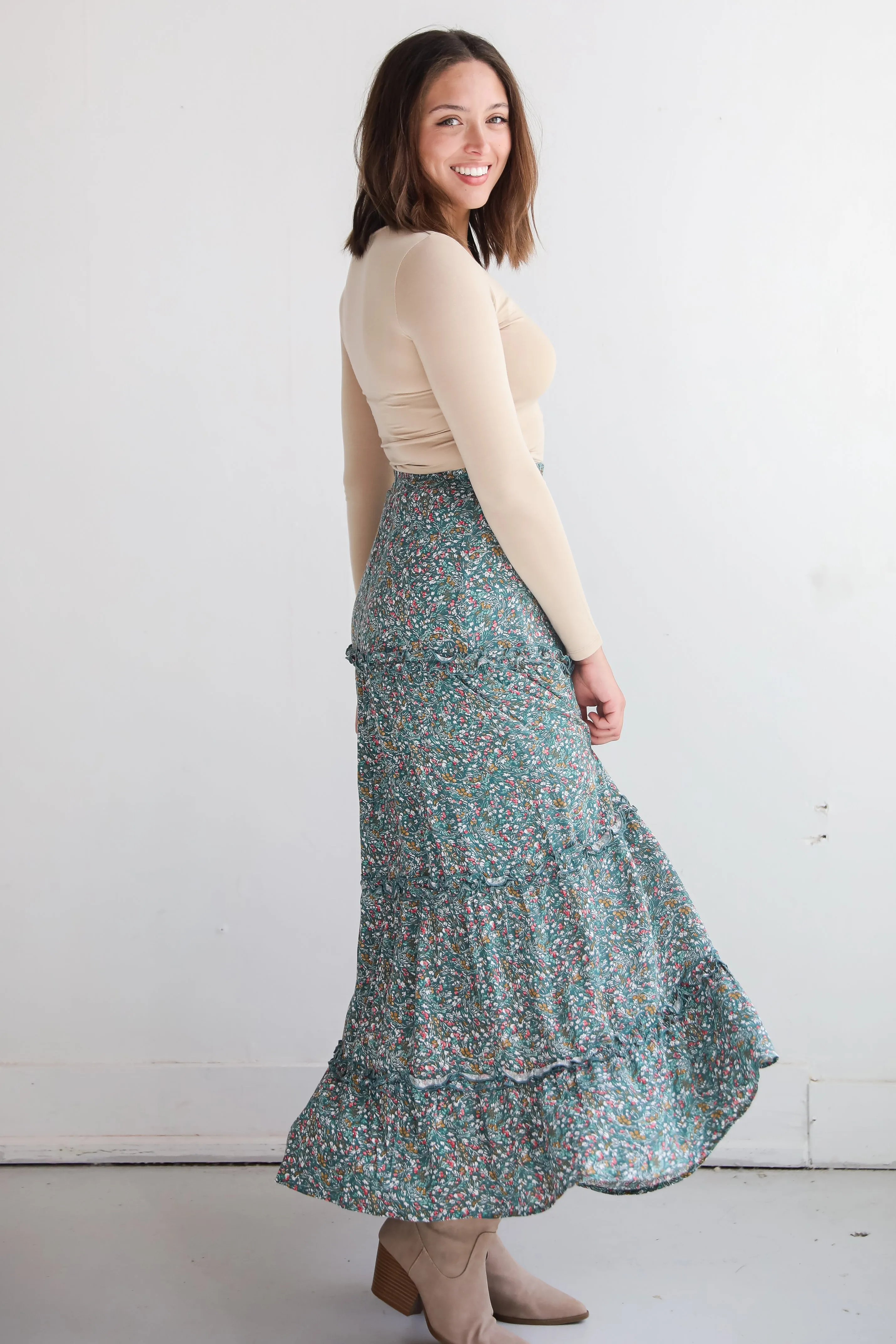 FINAL SALE - Feeling So Sweet Teal Floral Tiered Maxi Skirt