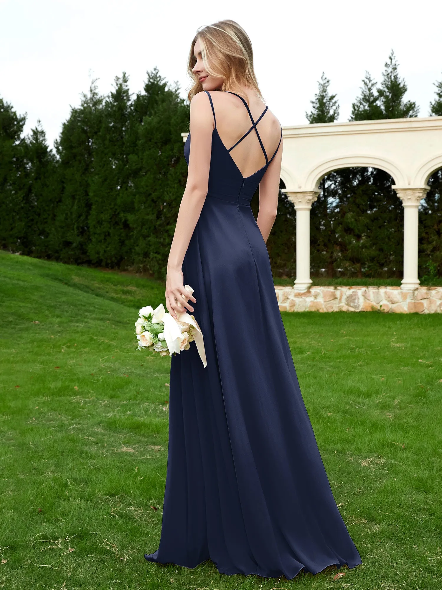 Floor Length V Neck Chiffon Bridesmaid Gown Dark Navy