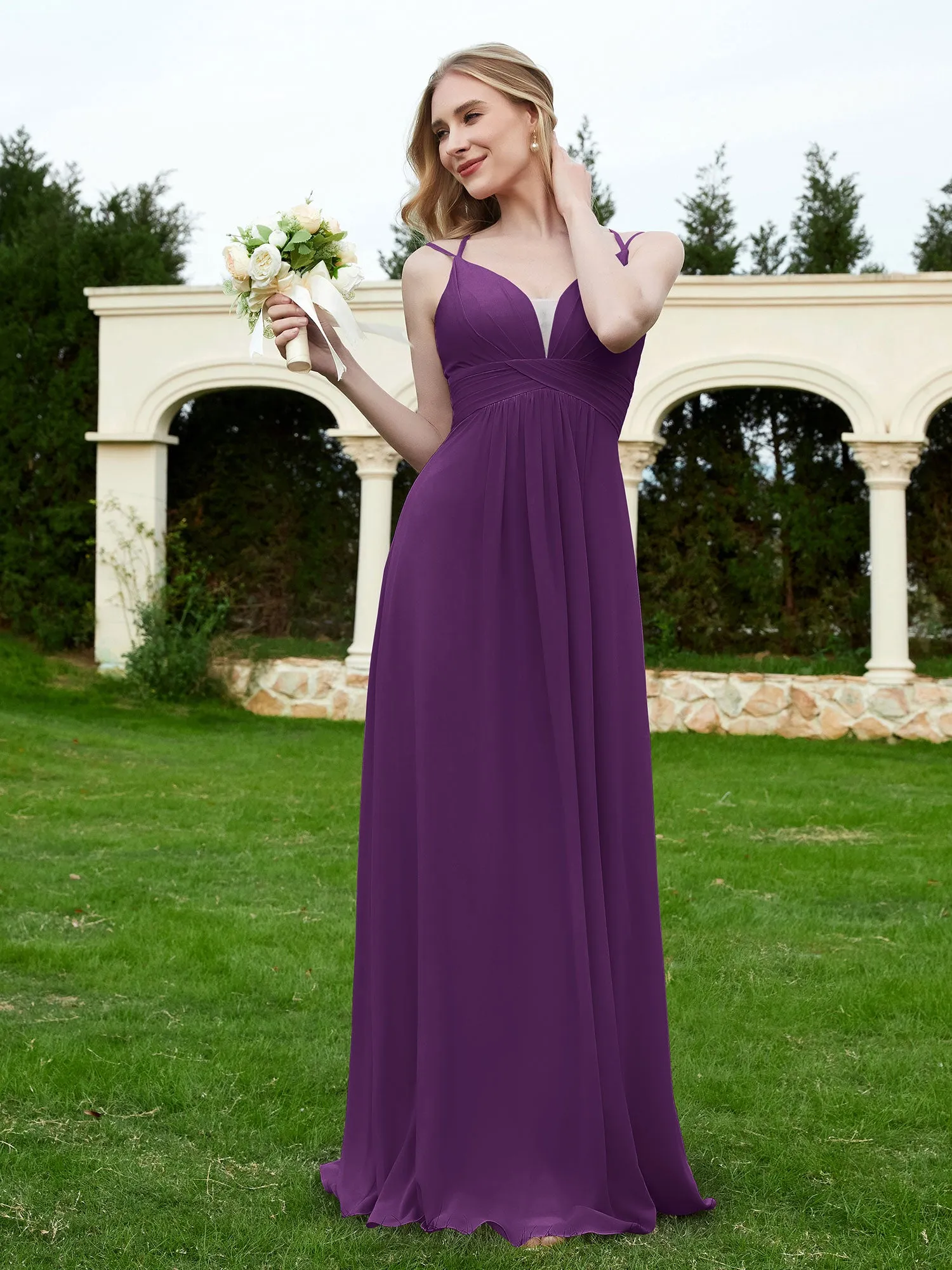 Floor Length V Neck Chiffon Bridesmaid Gown Grape