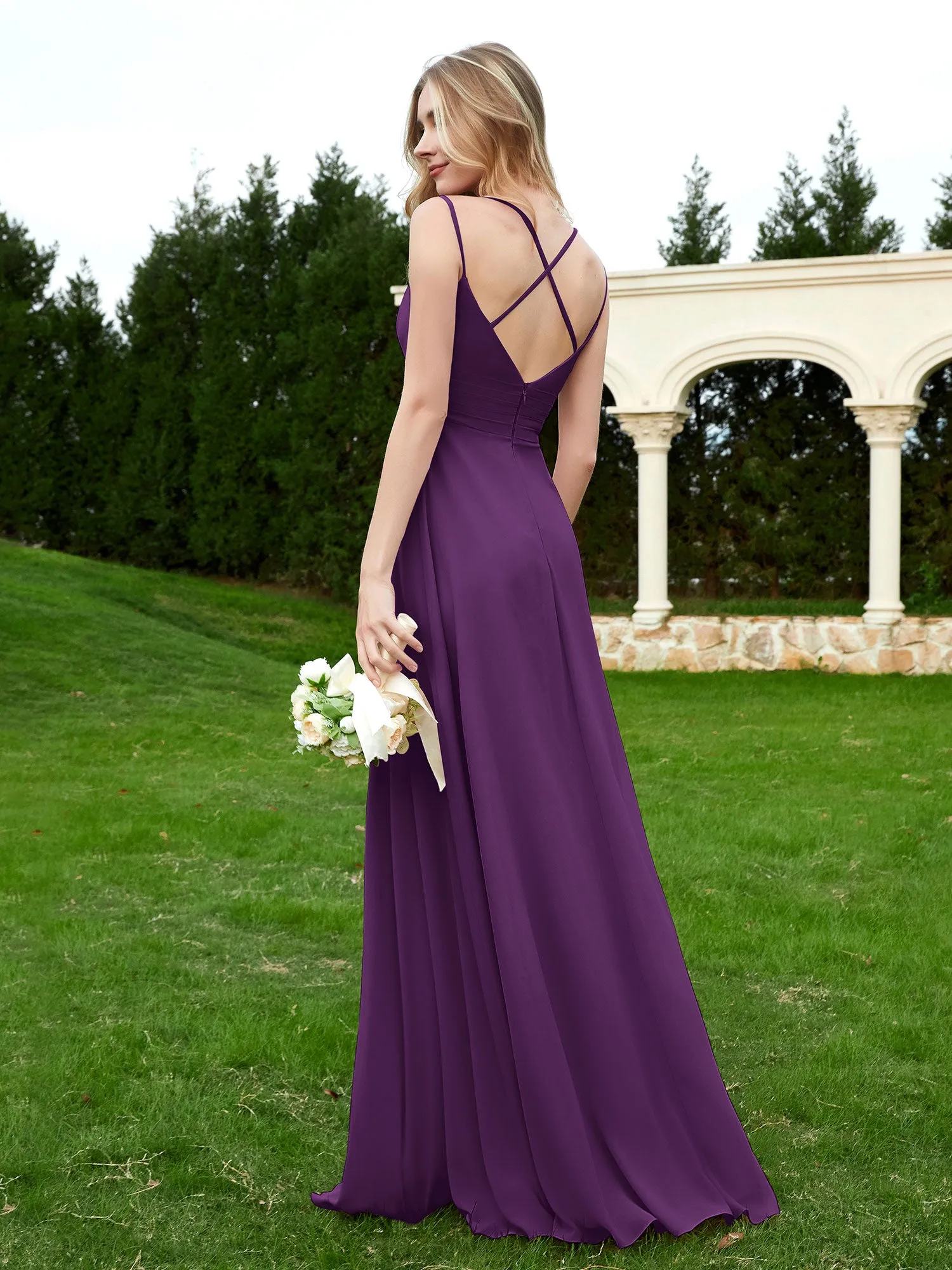 Floor Length V Neck Chiffon Bridesmaid Gown Grape