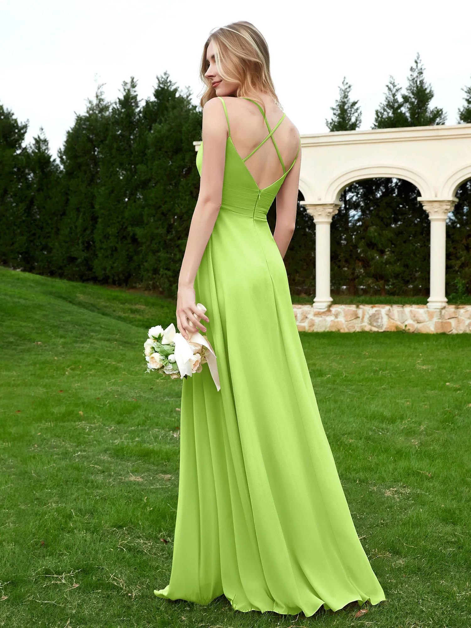 Floor Length V Neck Chiffon Bridesmaid Gown Lime Green Plus Size