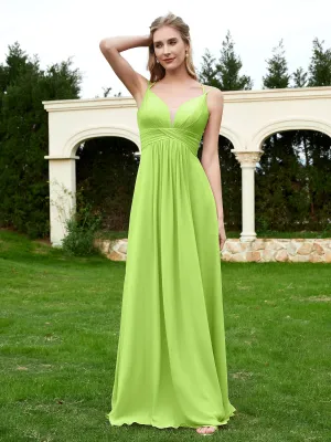 Floor Length V Neck Chiffon Bridesmaid Gown Lime Green Plus Size