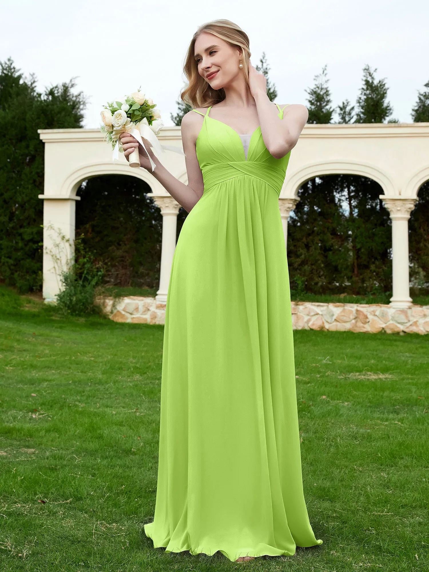 Floor Length V Neck Chiffon Bridesmaid Gown Lime Green Plus Size