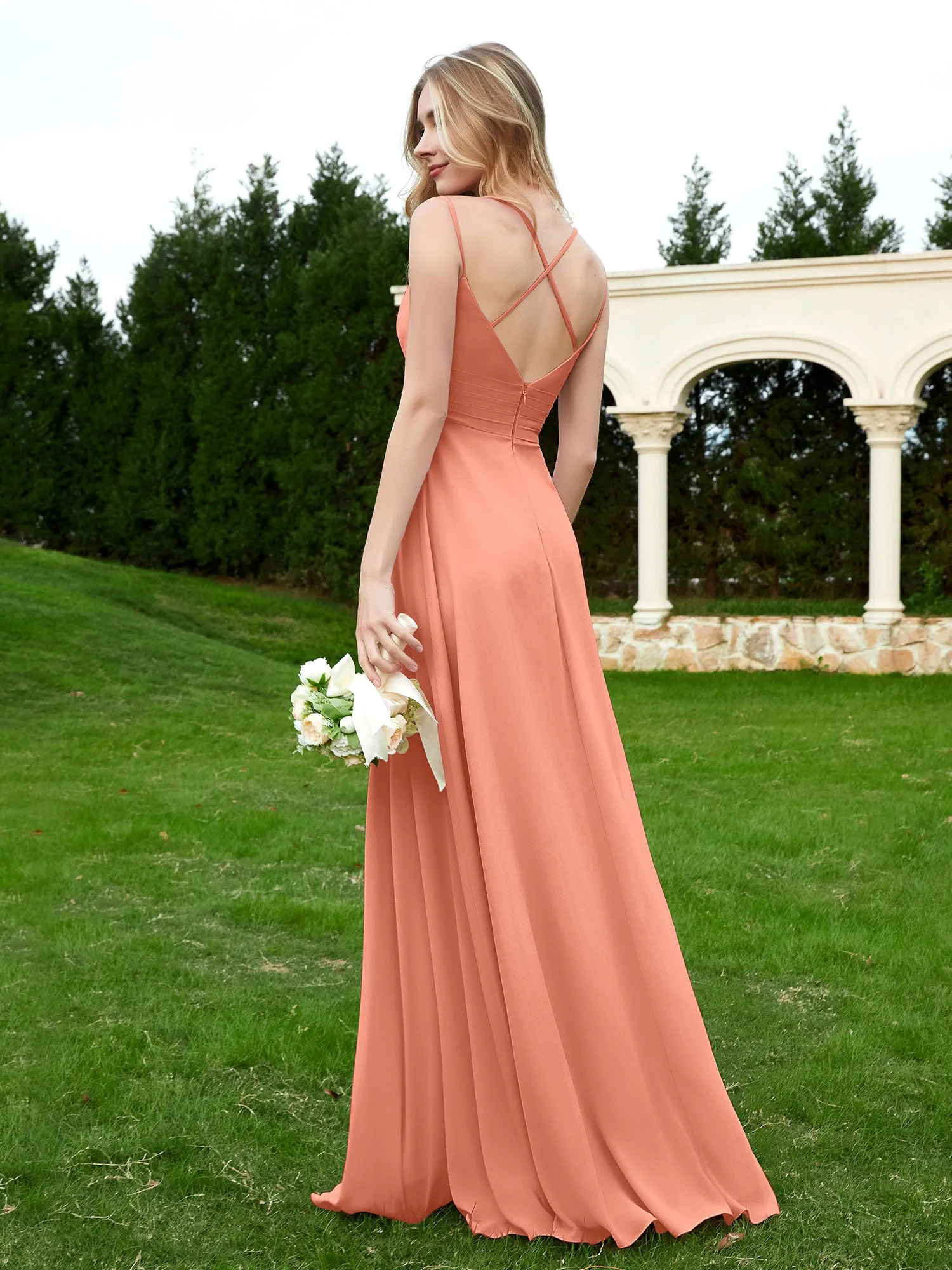 Floor Length V Neck Chiffon Bridesmaid Gown Papaya