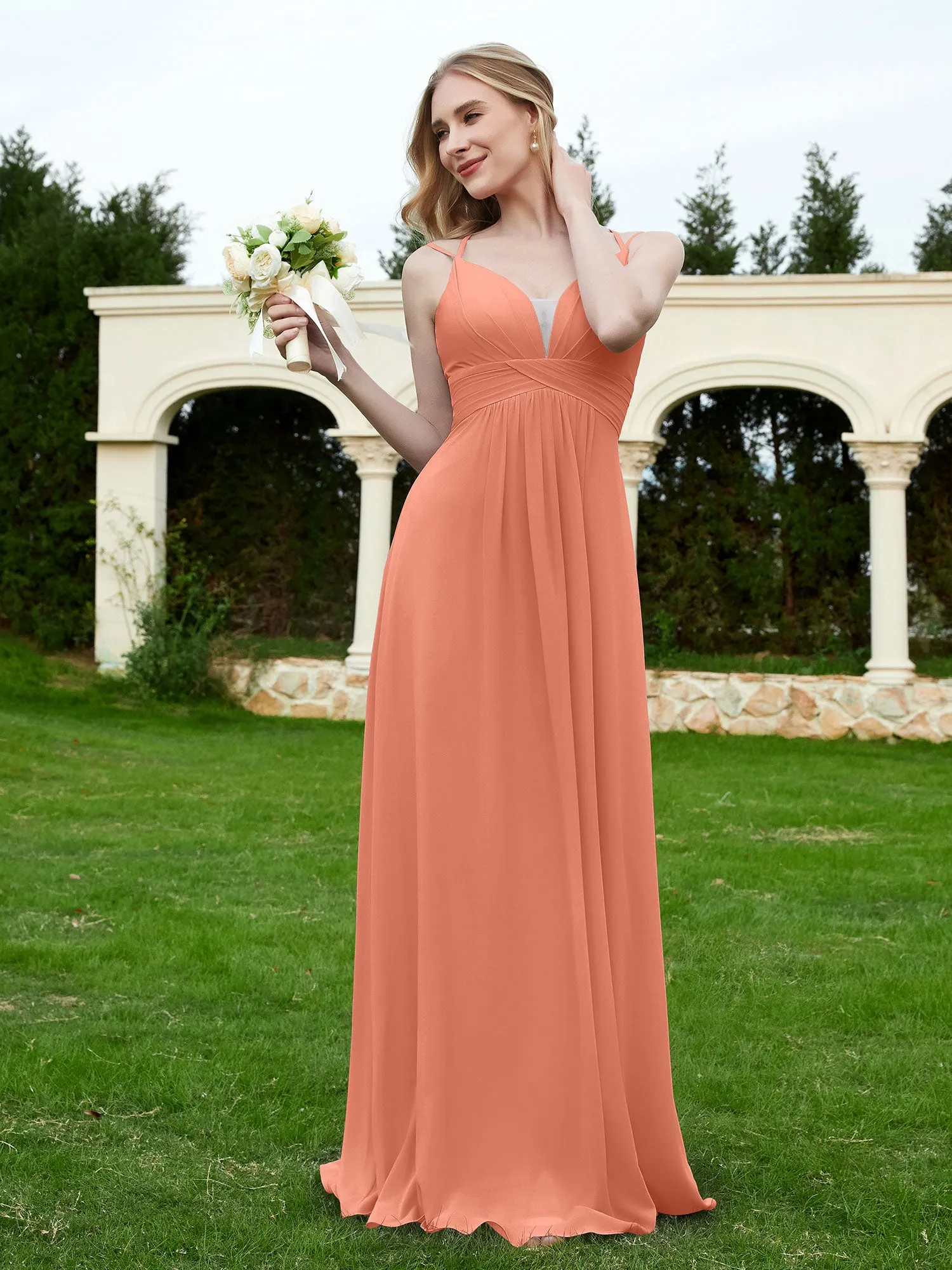 Floor Length V Neck Chiffon Bridesmaid Gown Papaya