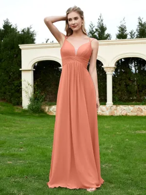 Floor Length V Neck Chiffon Bridesmaid Gown Papaya