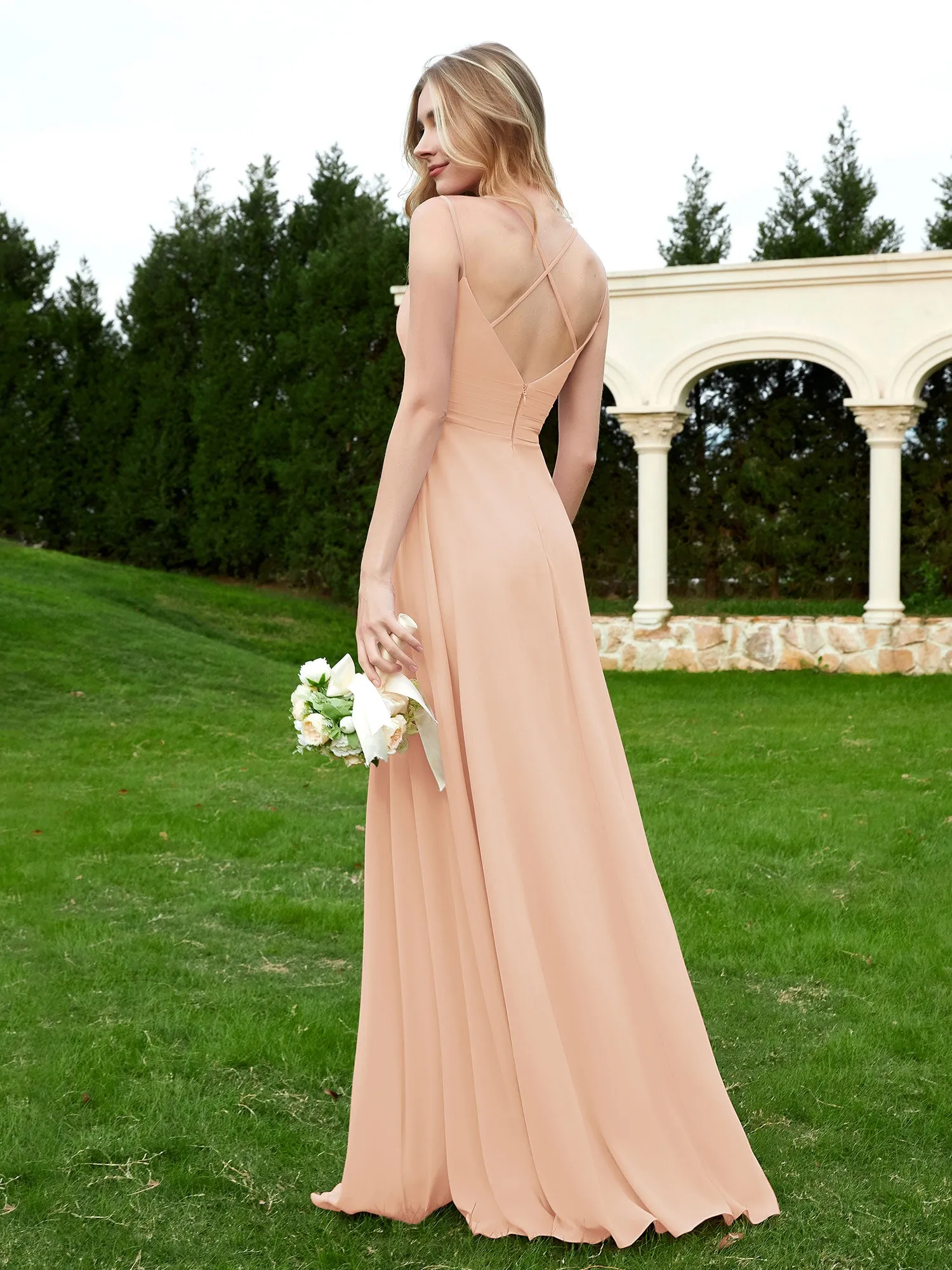 Floor Length V Neck Chiffon Bridesmaid Gown Pearl Pink Plus Size