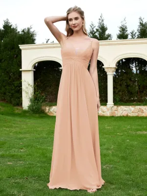 Floor Length V Neck Chiffon Bridesmaid Gown Pearl Pink Plus Size