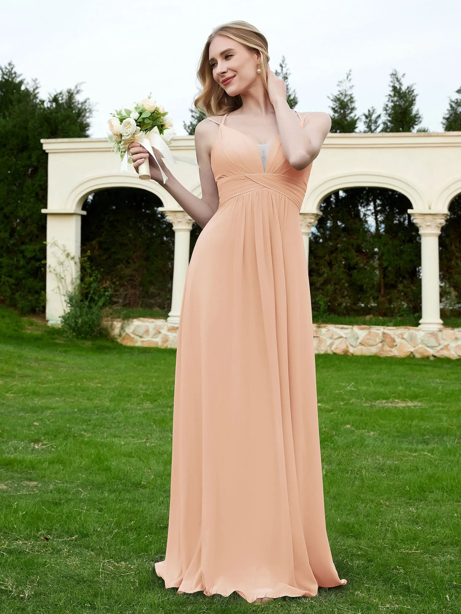 Floor Length V Neck Chiffon Bridesmaid Gown Pearl Pink Plus Size