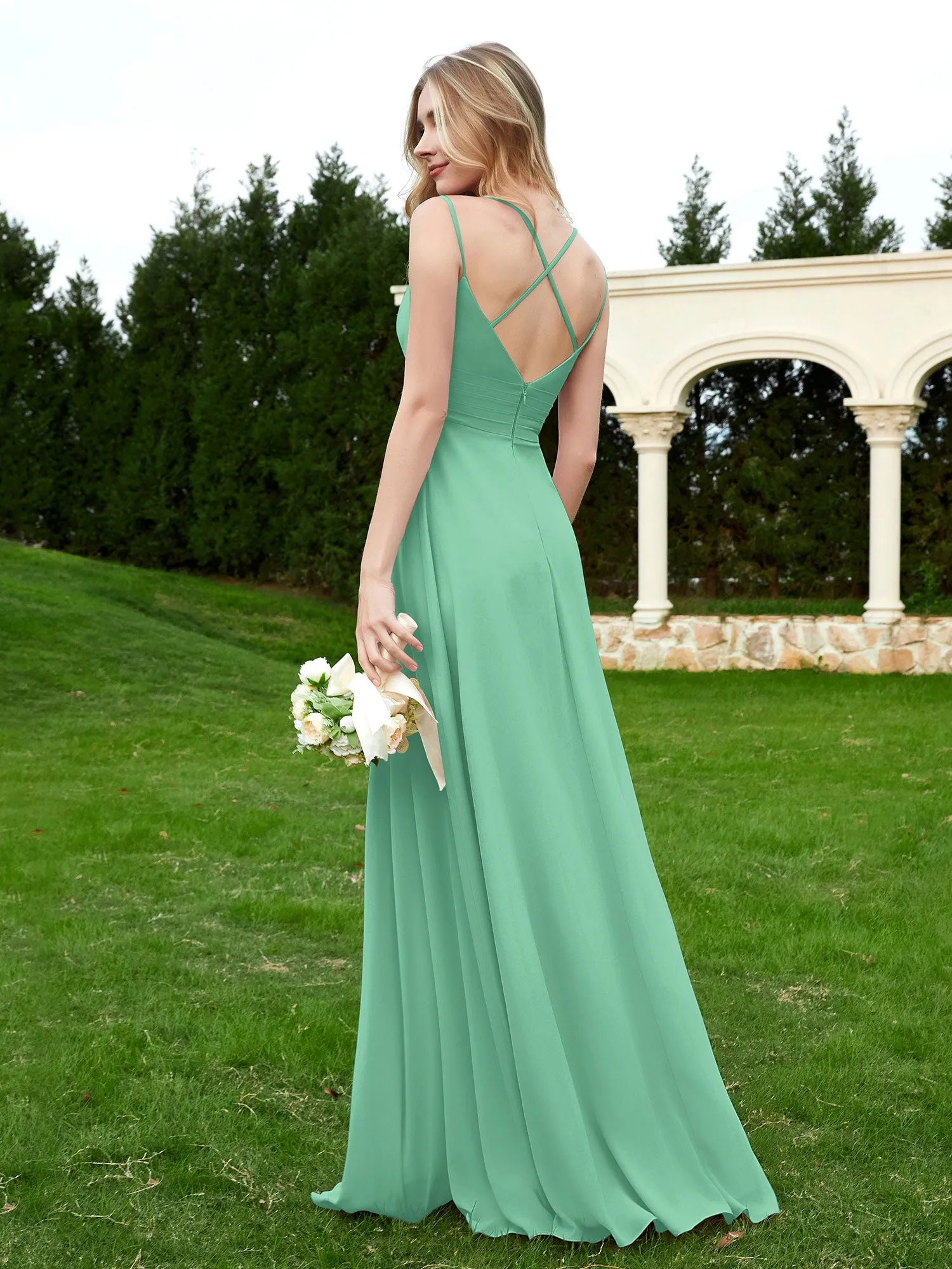 Floor Length V Neck Chiffon Bridesmaid Gown Turquoise