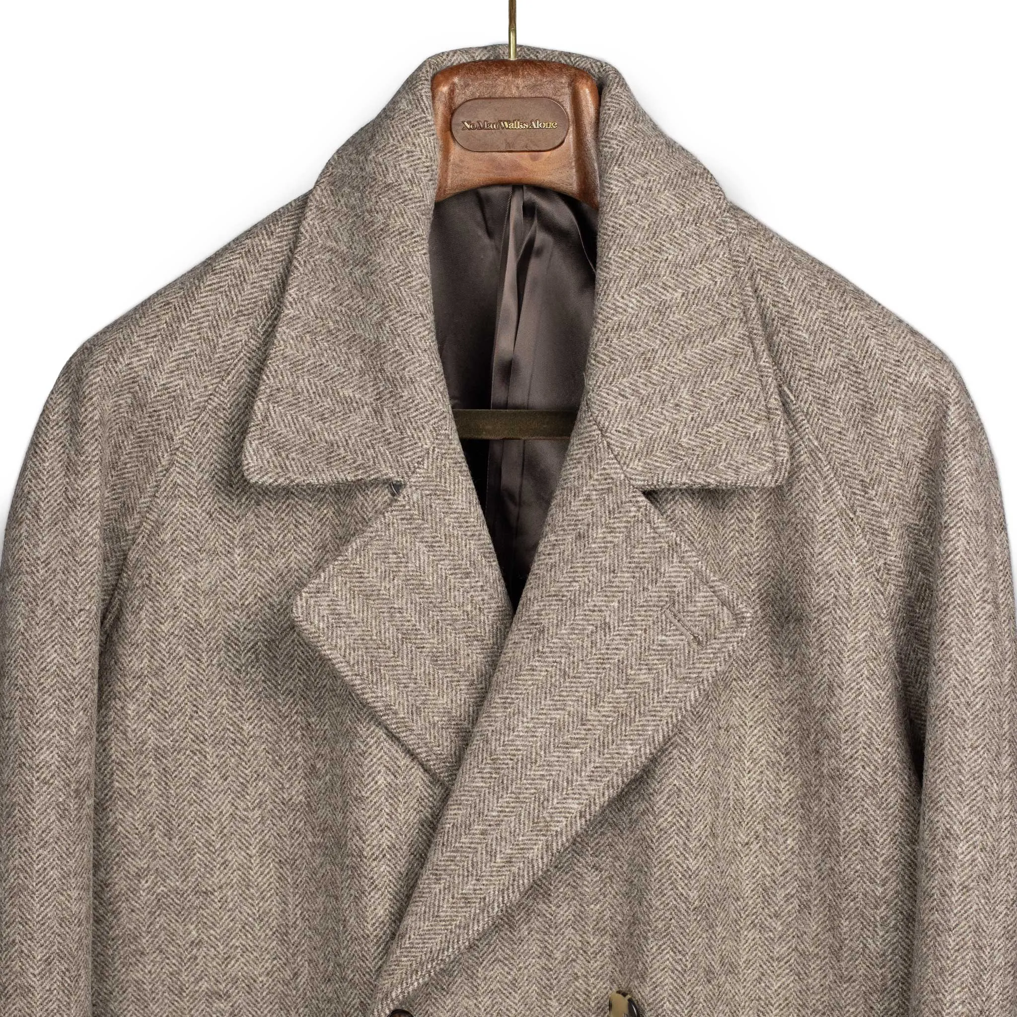 Granddad coat in undyed beige herringbone wool