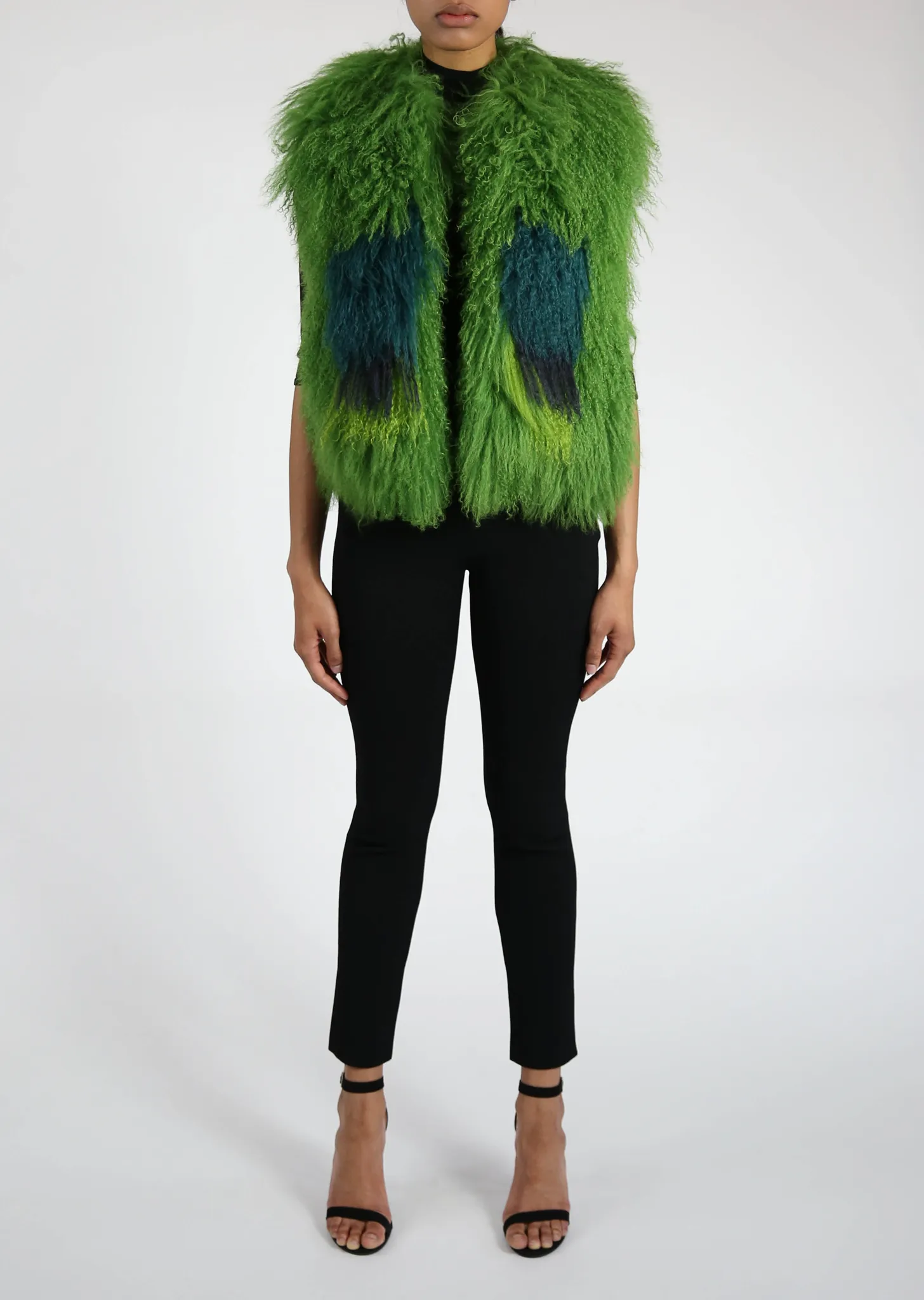 Green Astrakhan Fur Vest with Square Motif