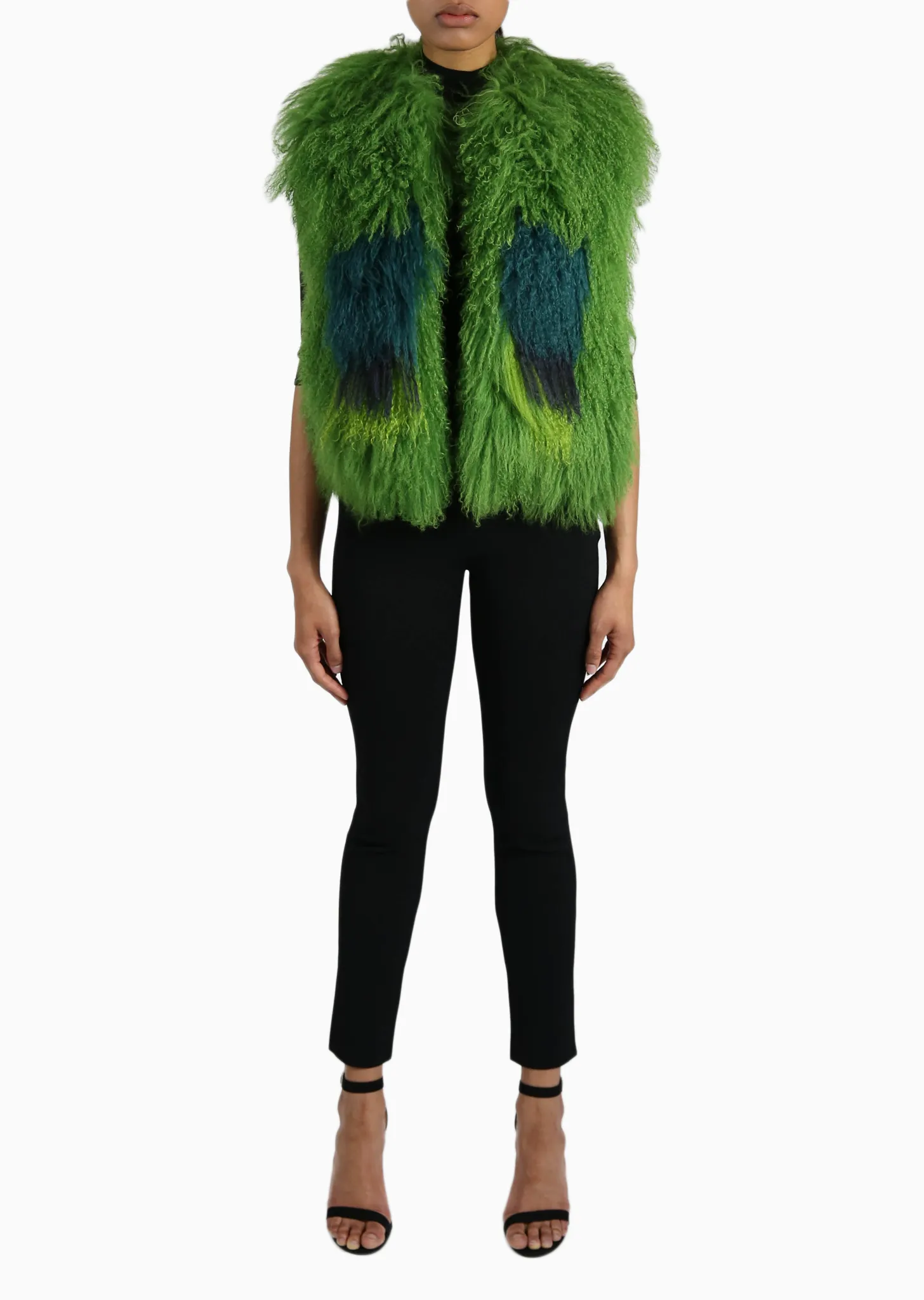 Green Astrakhan Fur Vest with Square Motif