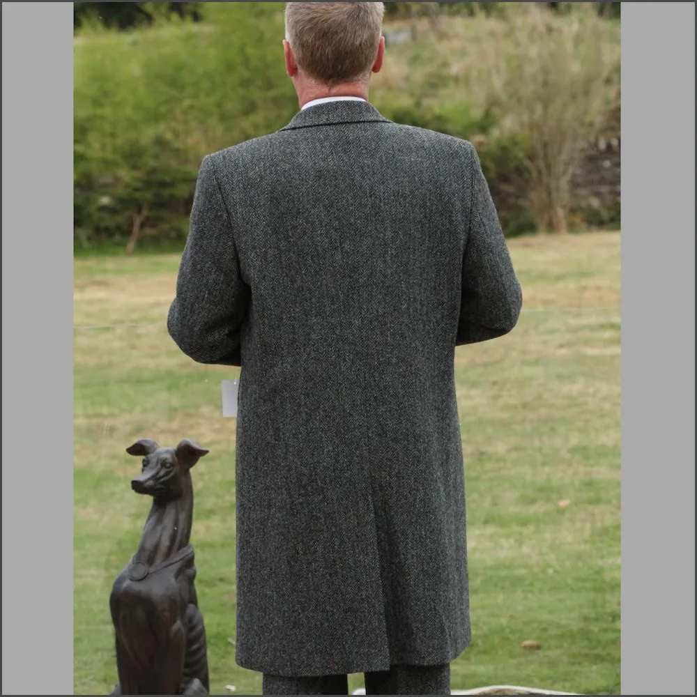 Harris Tweed Dark Grey Herringbone Overcoat--