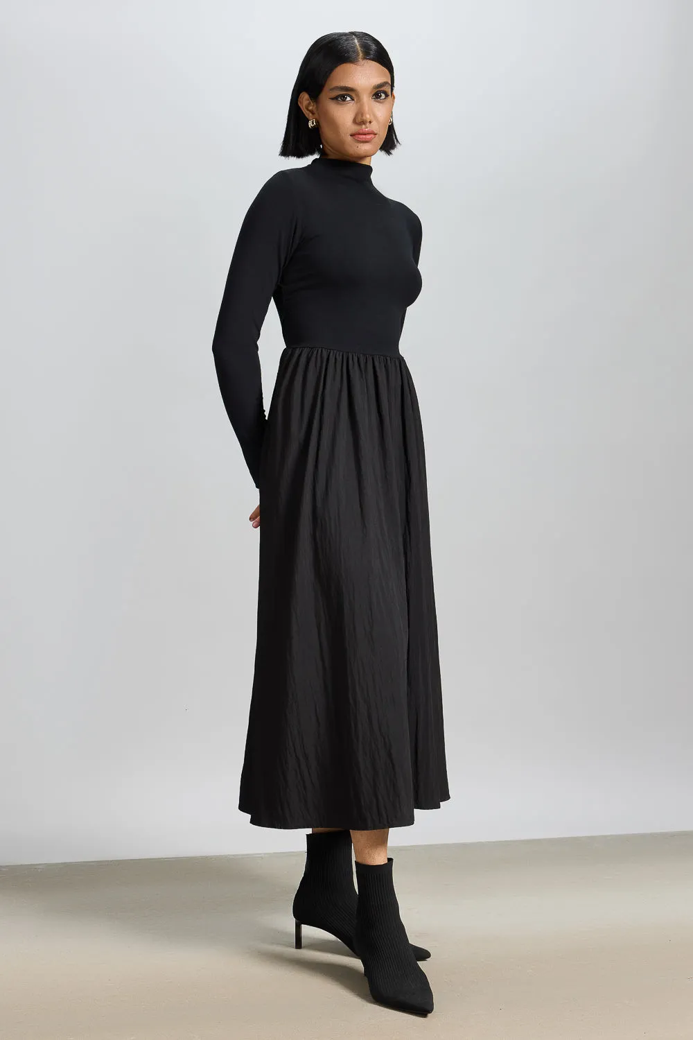 High Neck Black Midi Flared Dress