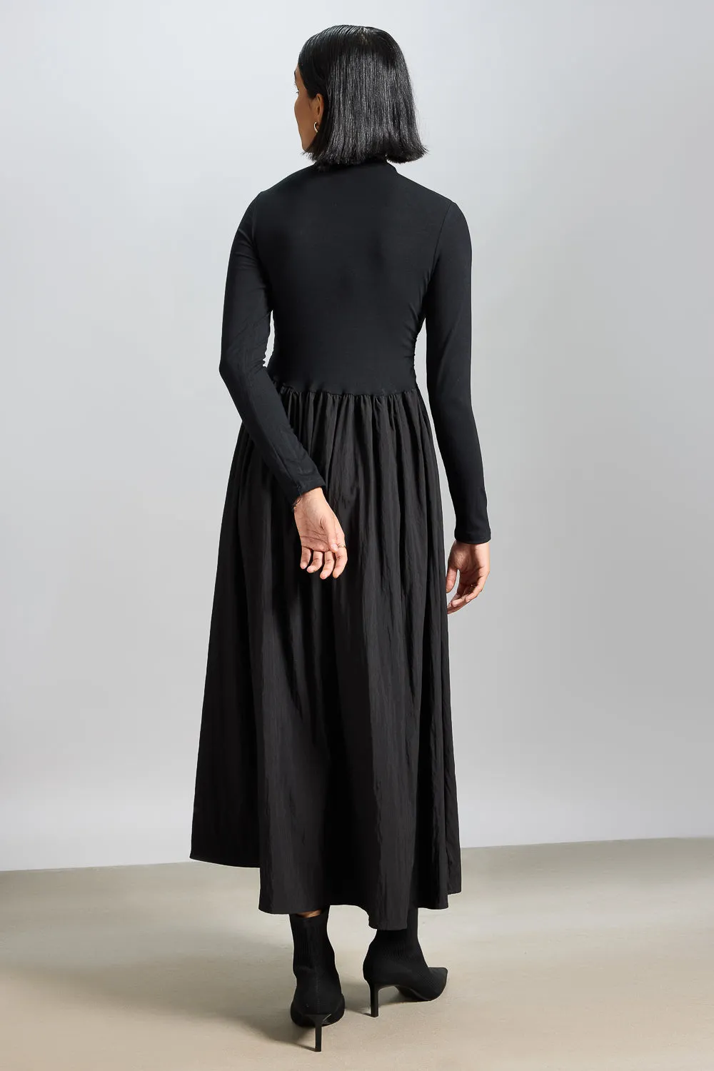 High Neck Black Midi Flared Dress