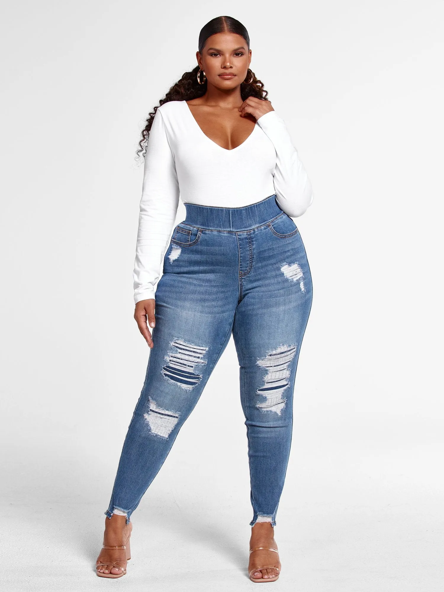 High Rise Medium Wash Destructed Jeggings - Short Inseam