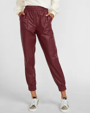 High Waisted Vegan Leather Jogger Pant in Deep Burgundy