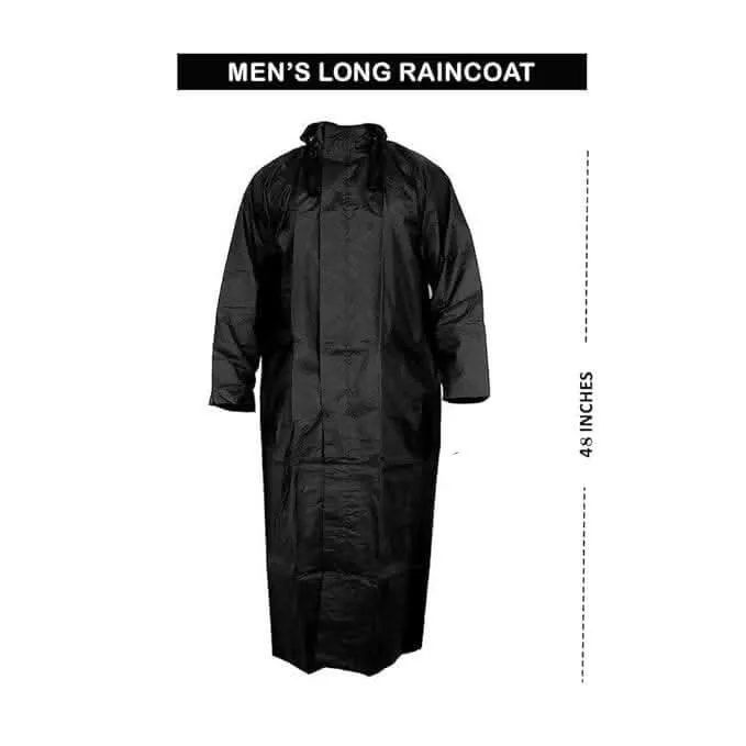 LONG RAINCOAT Men's Nylon Hooded Waterproof Full Length Size 3XL (Black)